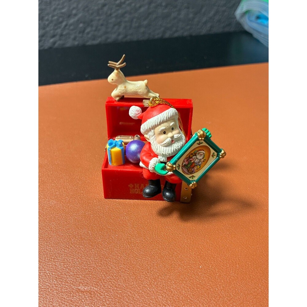 Vintage 1996 Lustre Fame Plastic Santa & Toy Chest Christmas Ornament